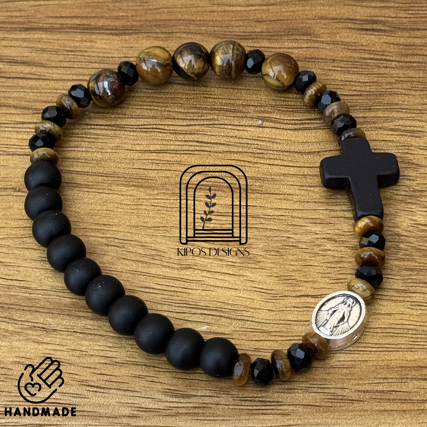 6mm Black Onyx Rosary Bracelet with Tiger Eye & Faceted Spacers | Customized Catholic Saint Medal