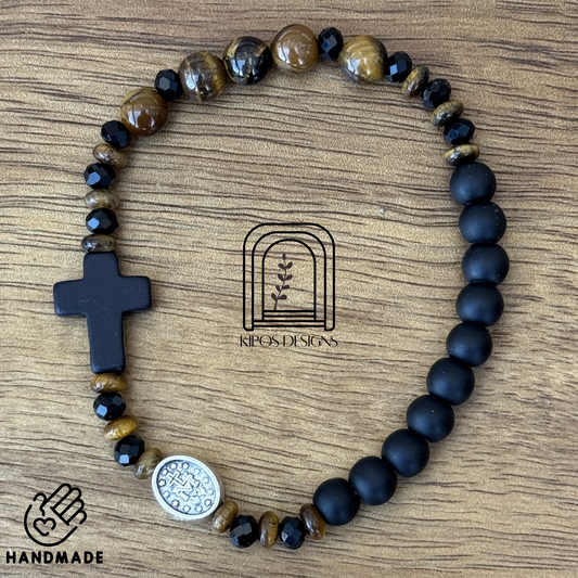 6mm Black Onyx Rosary Bracelet with Tiger Eye & Faceted Spacers | Customized Catholic Saint Medal