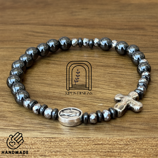 6mm Hematite Rosary Bracelet with Faceted Silver & Hematite Spacers | Customized Catholic Saint Medal