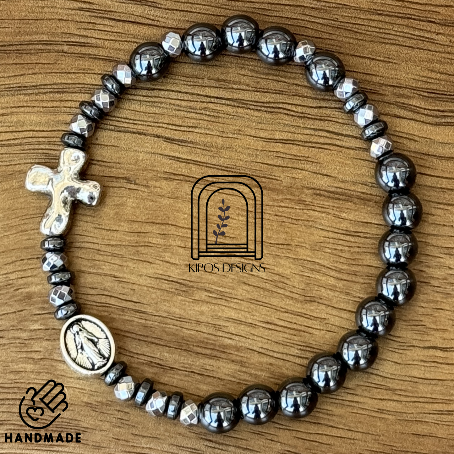 6mm Hematite Rosary Bracelet with Faceted Silver & Hematite Spacers | Customized Catholic Saint Medal