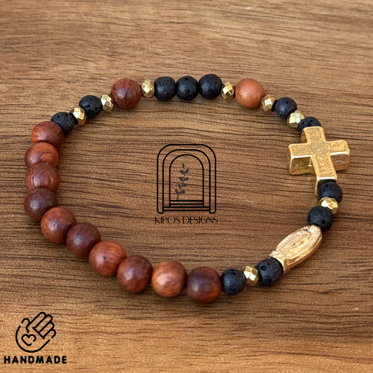 6mm Rosewood Rosary Bracelet with Black Obsidian and Gold accents | Customized Catholic Saint Medal
