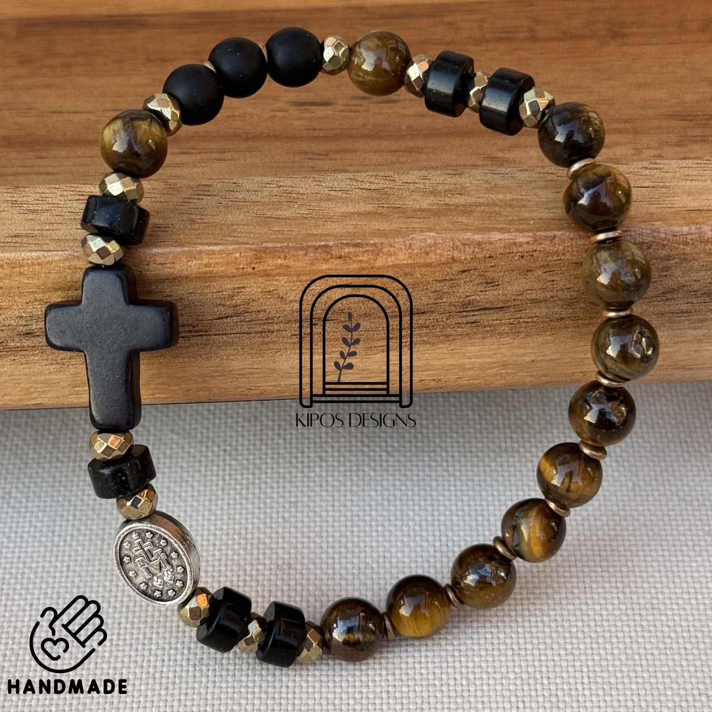 6mm Tiger Eye Rosary Bracelet with Black Onyx and Bronze accents | Customized Catholic Saint Medal