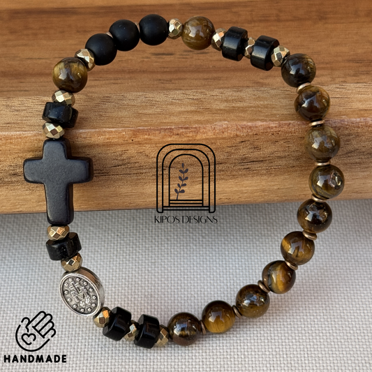 6mm Tiger Eye Rosary Bracelet with Black Onyx and Bronze accents | Customized Catholic Saint Medal
