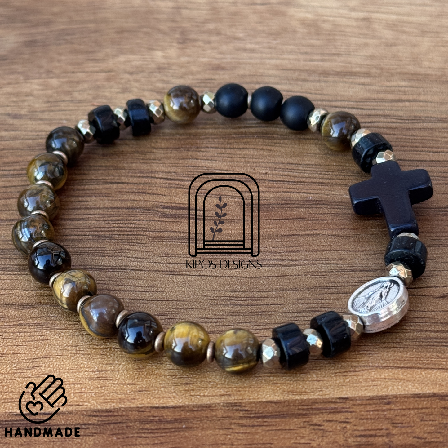 6mm Tiger Eye Rosary Bracelet with Black Onyx and Bronze accents | Customized Catholic Saint Medal