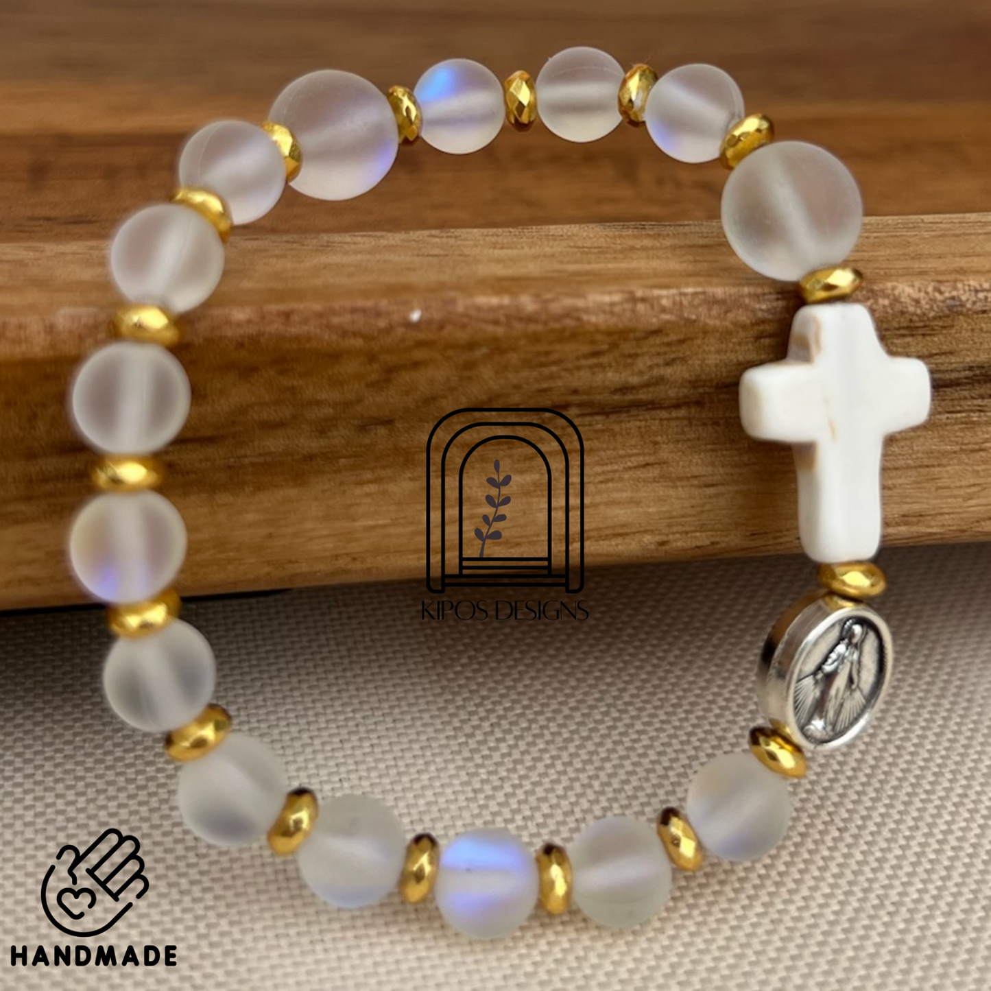 6mm Rainbow Glass Opal Rosary Bracelet with Bright Gold & White Turquoise | Customized Catholic Saint Medal
