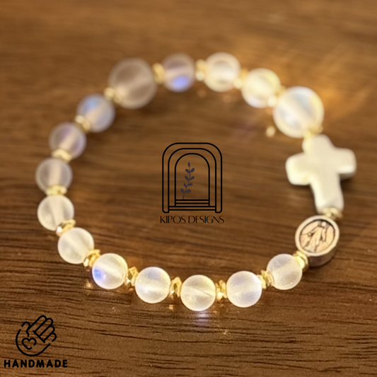 6mm Rainbow Glass Opal Rosary Bracelet with Bright Gold & White Turquoise | Customized Catholic Saint Medal