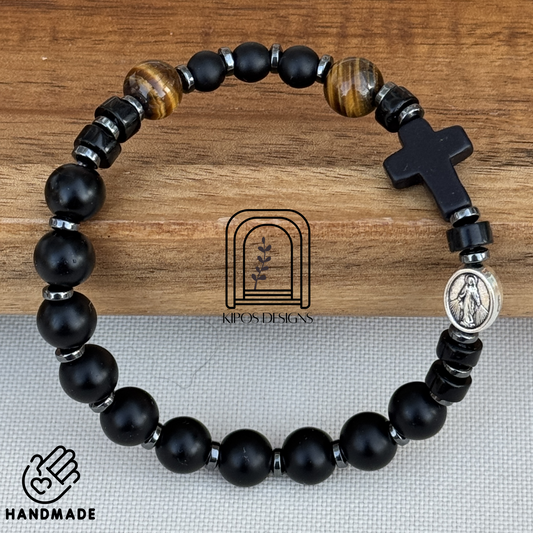 Black Onyx Rosary Bracelet with Tiger Eye & Hematite | Customized Catholic Saint Medal