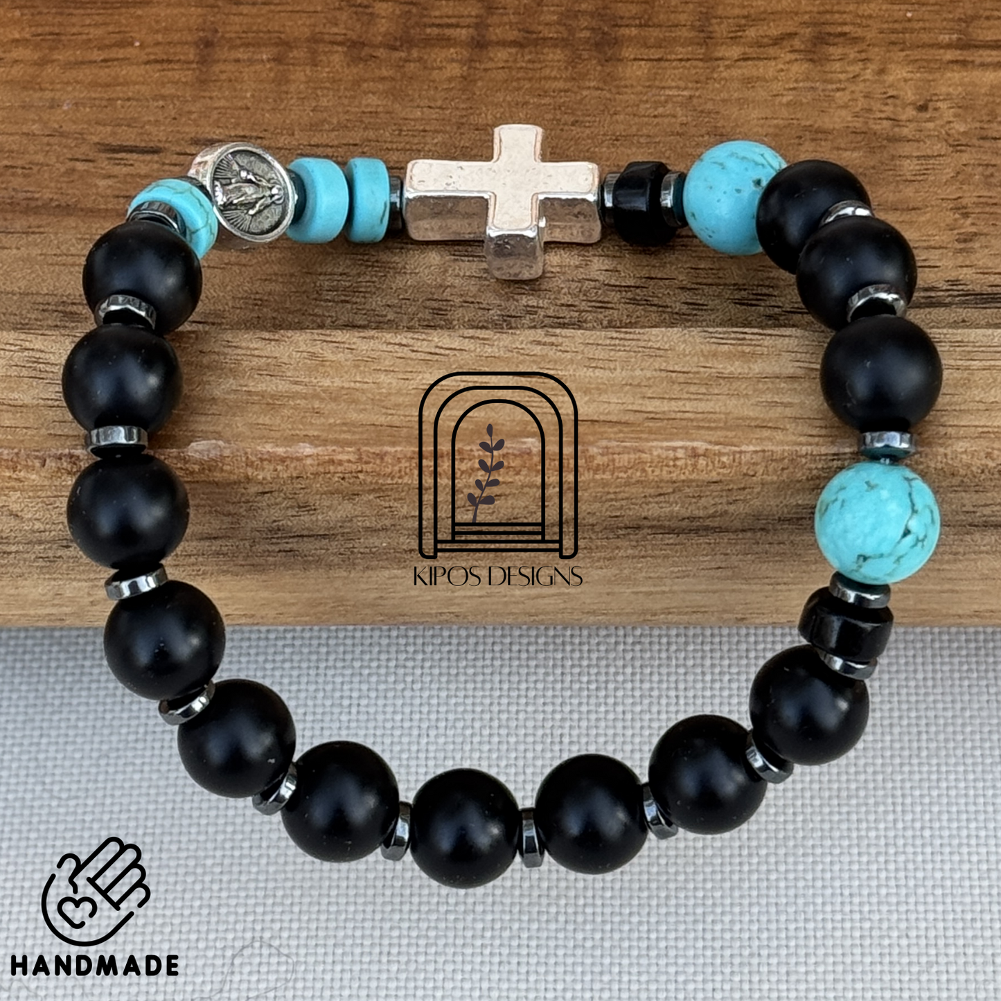 Black Onyx Rosary Bracelet with Turquoise & Hematite | Customized Catholic Saint Medal