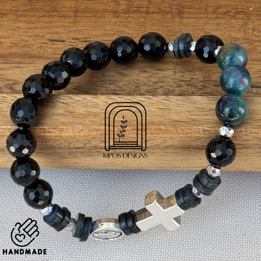 Galaxy Tiger Eye Rosary Bracelet with Faceted Black Onyx & Silver | Customized Catholic Saint Medal