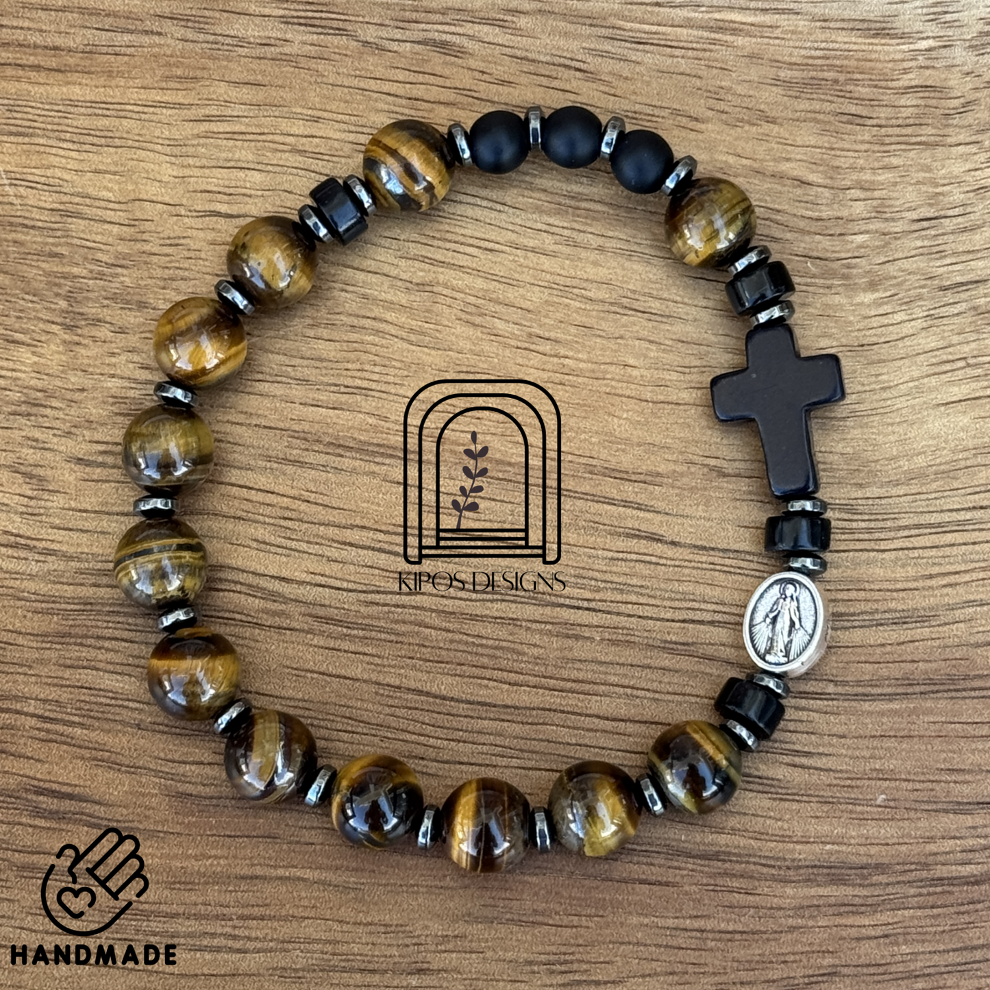 Tiger Eye Rosary Bracelet with Black Onyx & Hematite | Customized Catholic Saint Medal