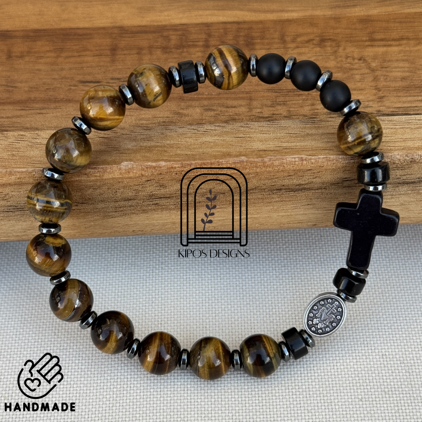 Tiger Eye Rosary Bracelet with Black Onyx & Hematite | Customized Catholic Saint Medal