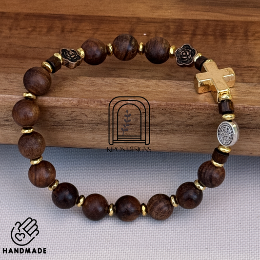Rosewood Rosary Bracelet with Gold Accents & Bronze Roses | Customized Catholic Saint Medal