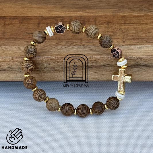 Natural Wood Rosary Bracelet with Gold Accents & Bronze Roses | Customized Catholic Saint Medal