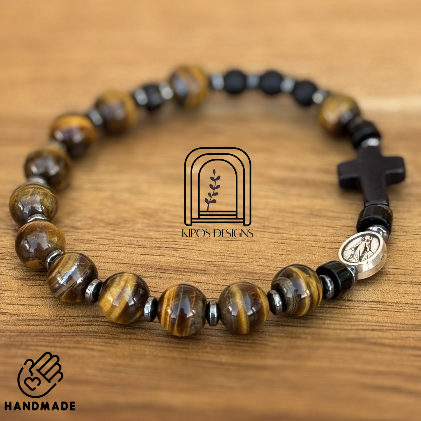 Tiger Eye Rosary Bracelet with Black Onyx & Hematite | Customized Catholic Saint Medal