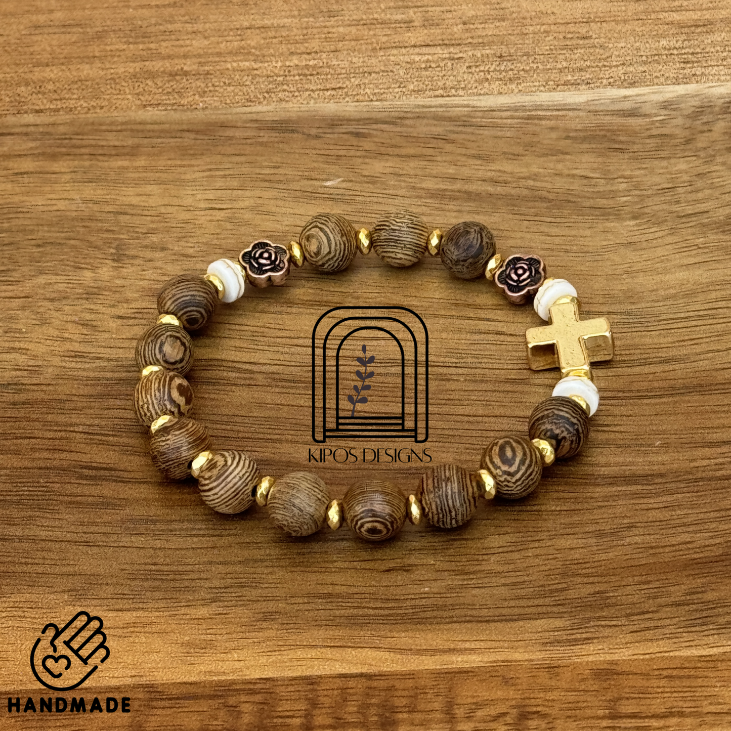 Natural Wood Rosary Bracelet with Gold Accents & Bronze Roses | Customized Catholic Saint Medal