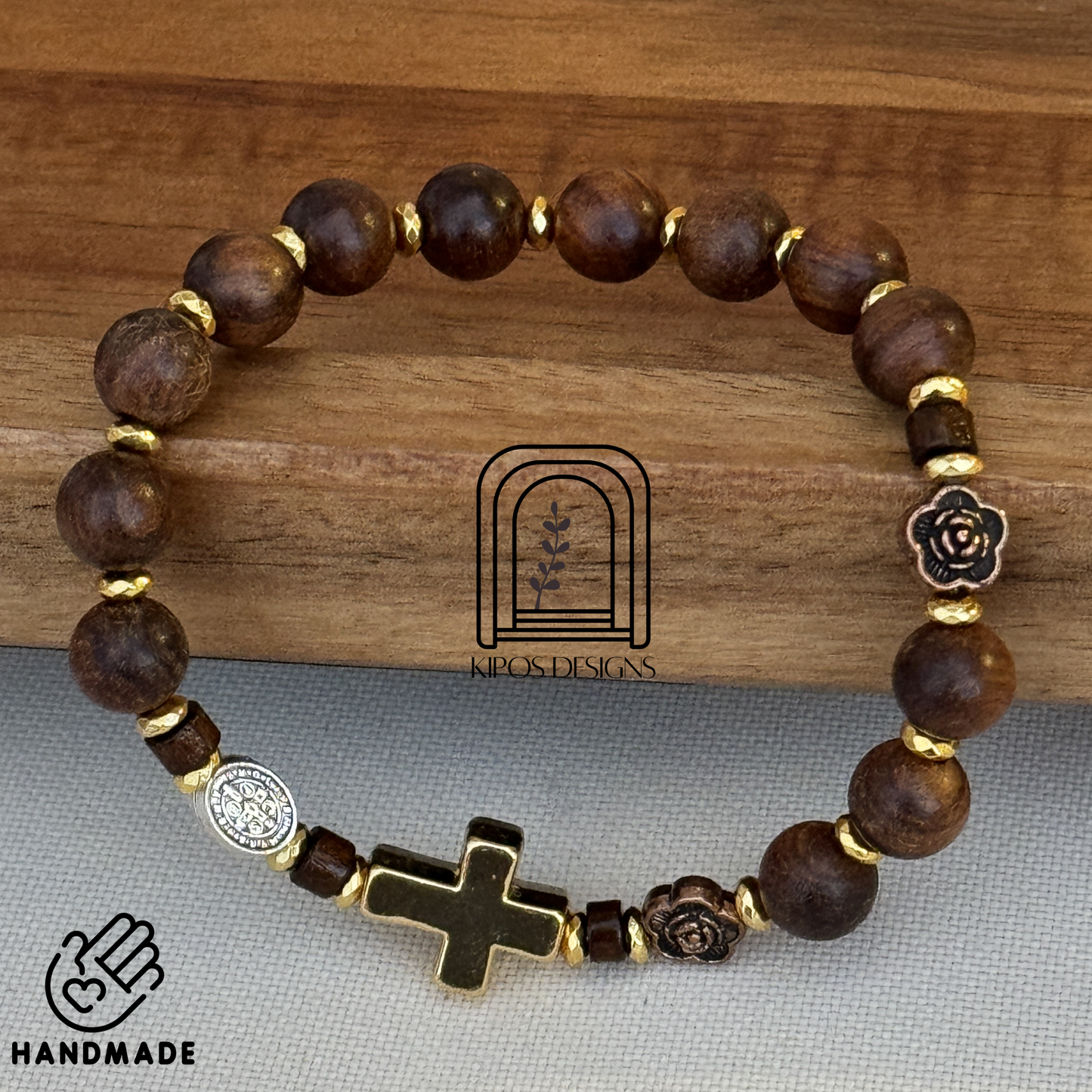 Rosewood Rosary Bracelet with Gold Accents & Bronze Roses | Customized Catholic Saint Medal