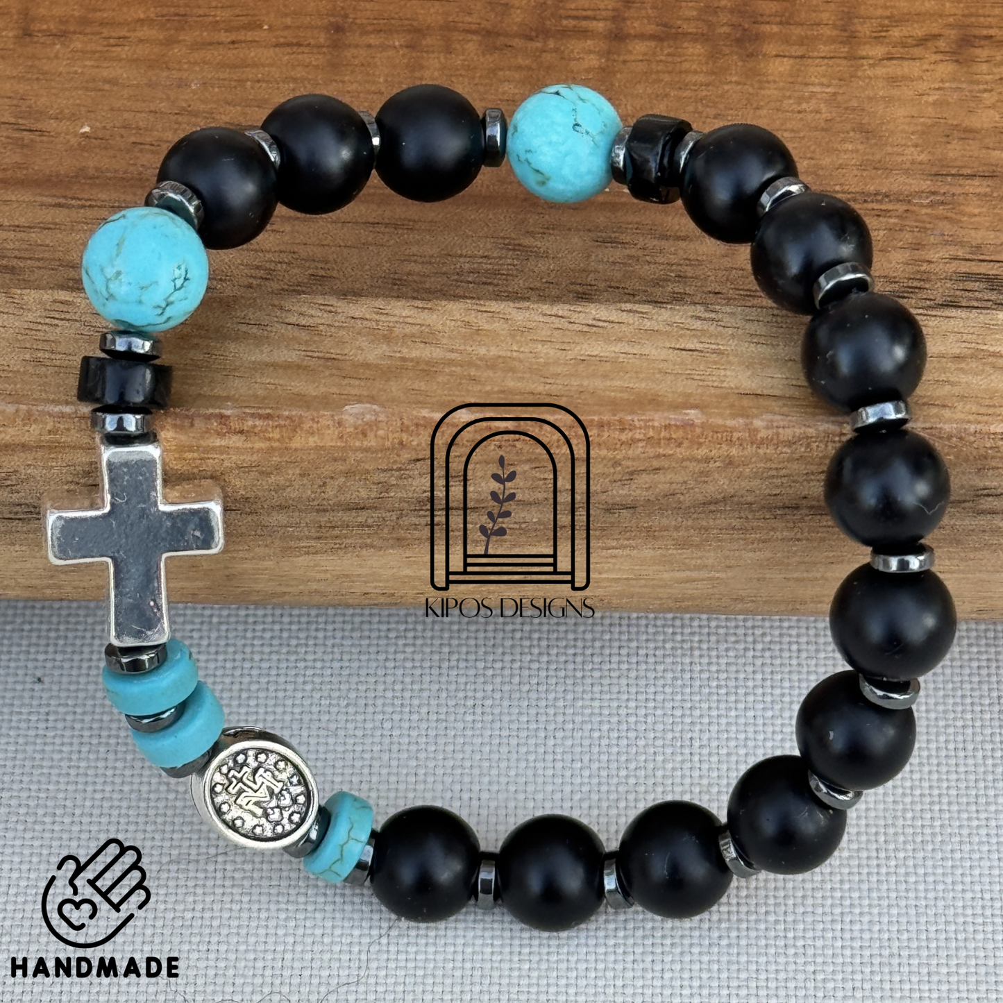 Black Onyx Rosary Bracelet with Turquoise & Hematite | Customized Catholic Saint Medal