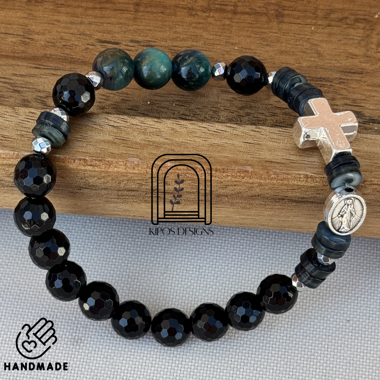 Galaxy Tiger Eye Rosary Bracelet with Faceted Black Onyx & Silver | Customized Catholic Saint Medal