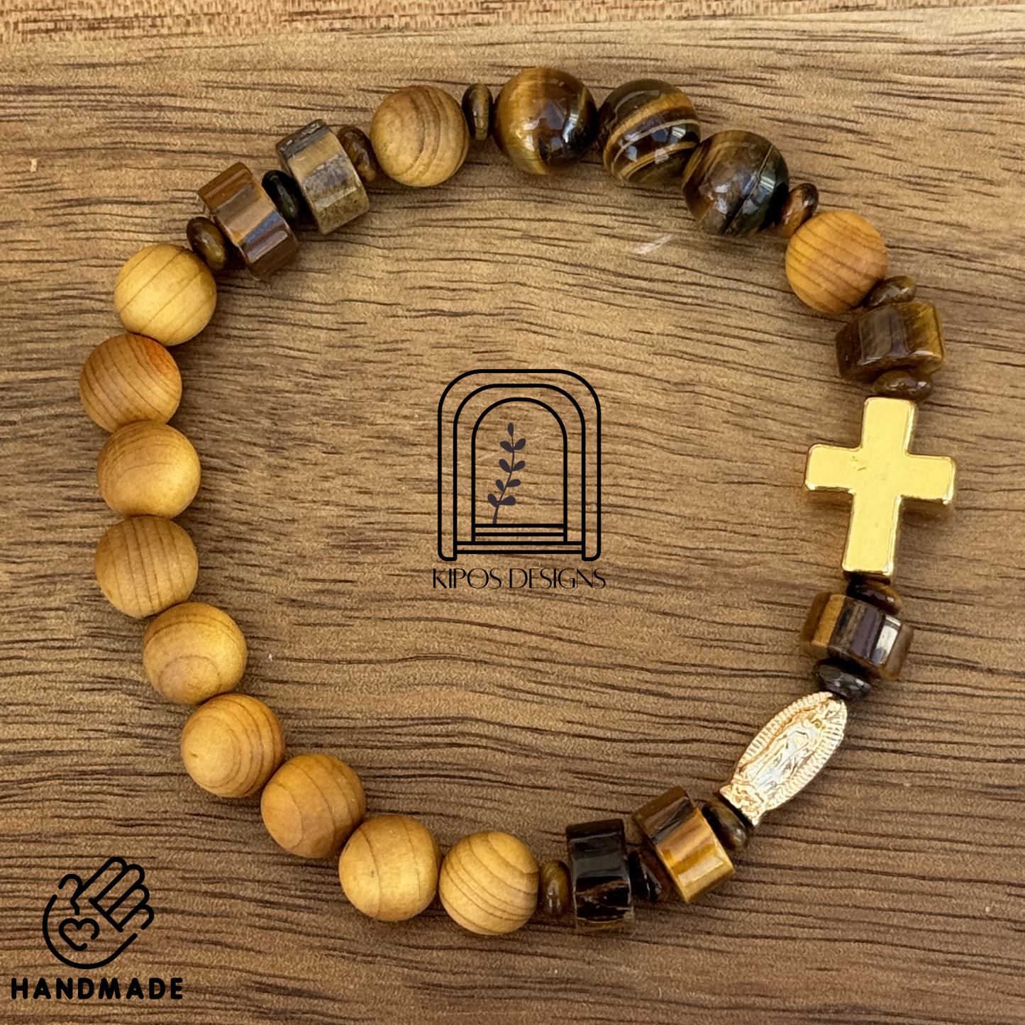 Golden Sandalwood Rosary Bracelet w/ Tiger's Eye & Gold | Customized Catholic Saint Medal