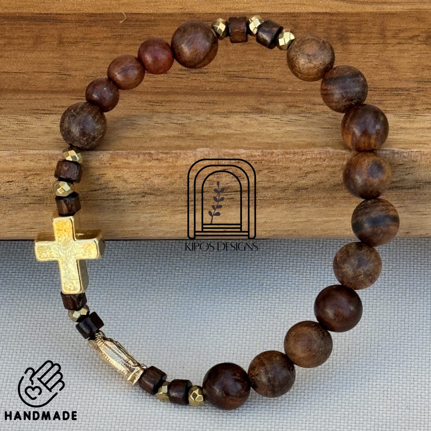 Rosewood Rosary Bracelet with Gold Accents & Gold Cross | Customized Catholic Saint Medal