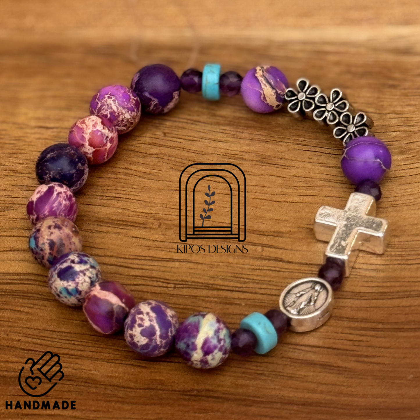 Galaxy Jasper Rosary Bracelet with Genuine Amethysts | Customized Catholic Saint Medal
