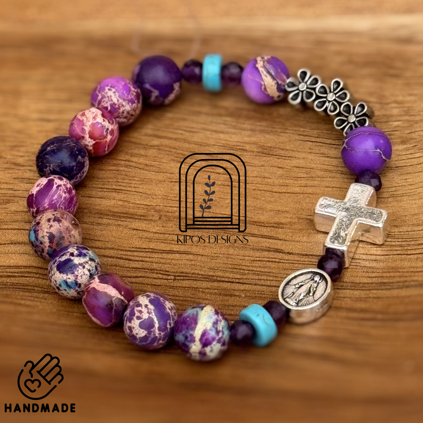 Galaxy Jasper Rosary Bracelet with Genuine Amethysts | Customized Catholic Saint Medal