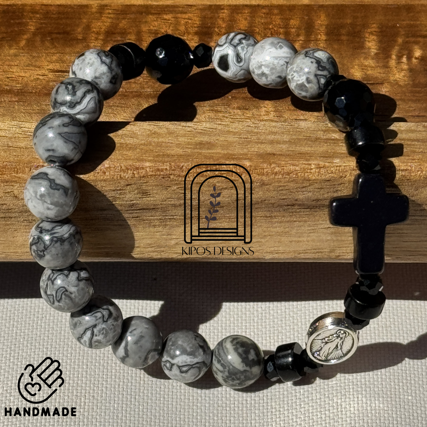 Marbled Grey & White Jasper Bracelet with Black Accents | Customized Catholic Saint Medal