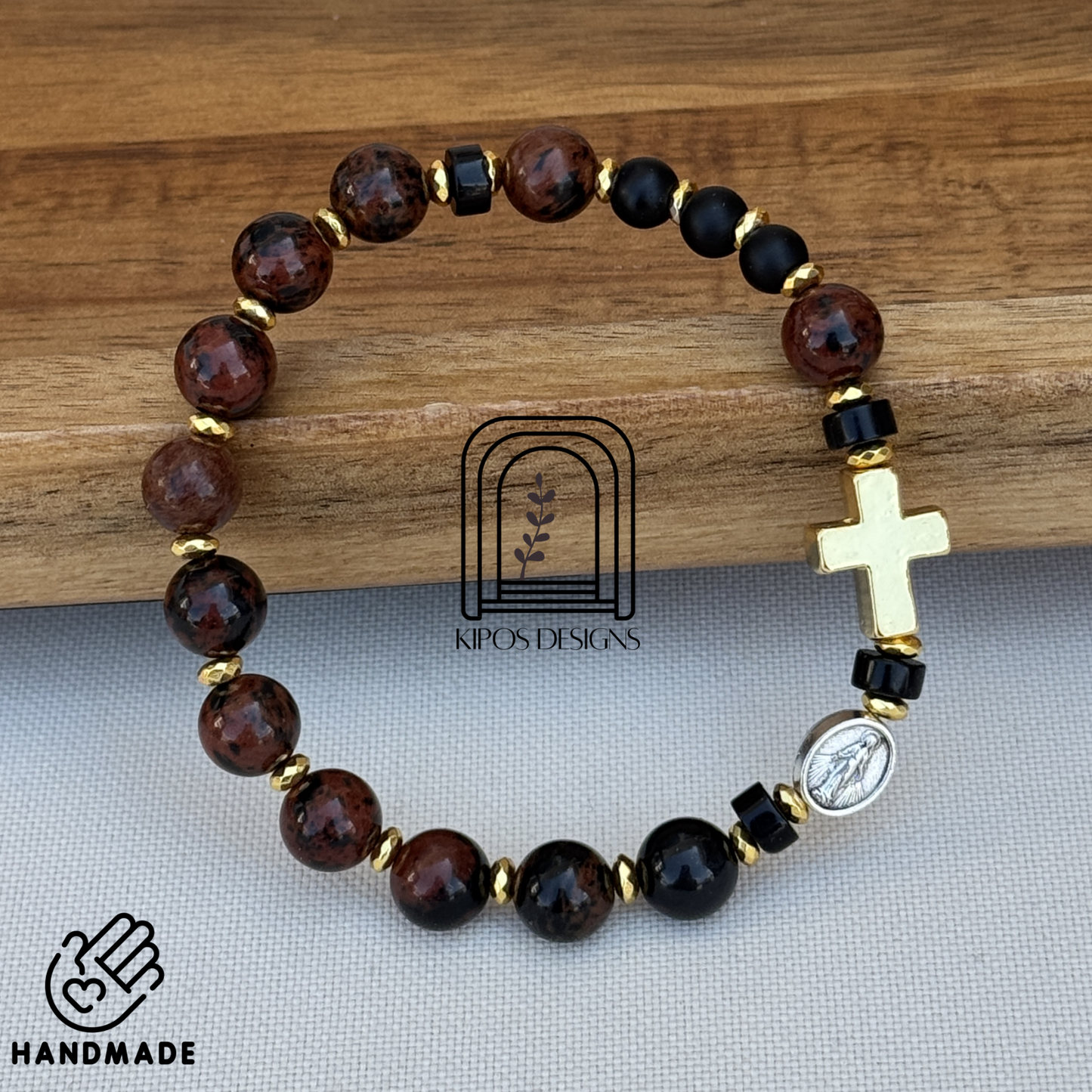 Mahogany Obsidian Rosary Bracelet with Black Onyx & Gold Accents | Customized Catholic Saint Medal