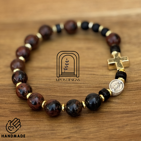 Mahogany Obsidian Rosary Bracelet with Black Onyx & Gold Accents | Customized Catholic Saint Medal