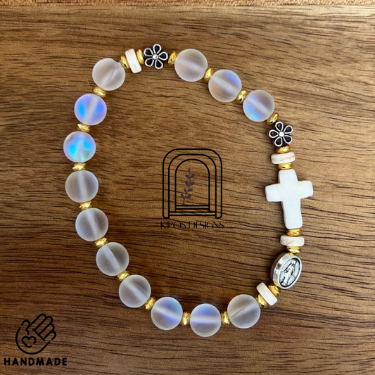 Rainbow Glass Opal Rosary Bracelet with Bright Gold & White Turquoise | Customized Catholic Saint Medal