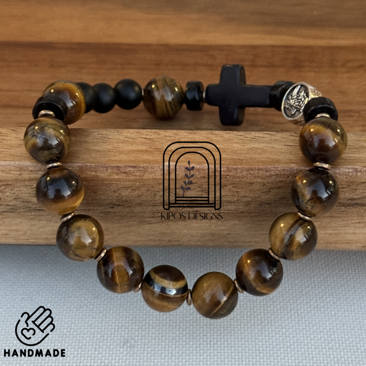 Tiger Eye Rosary Bracelet with Black Onyx & Bronze | Customized Catholic Saint Medal