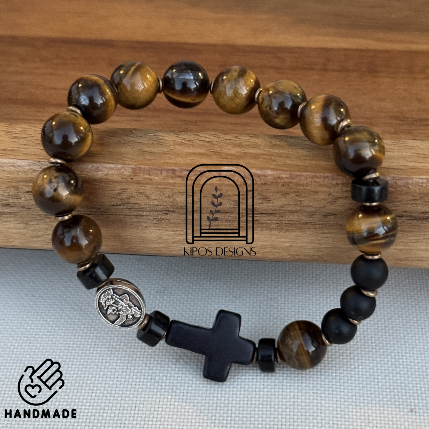 Tiger Eye Rosary Bracelet with Black Onyx & Bronze | Customized Catholic Saint Medal