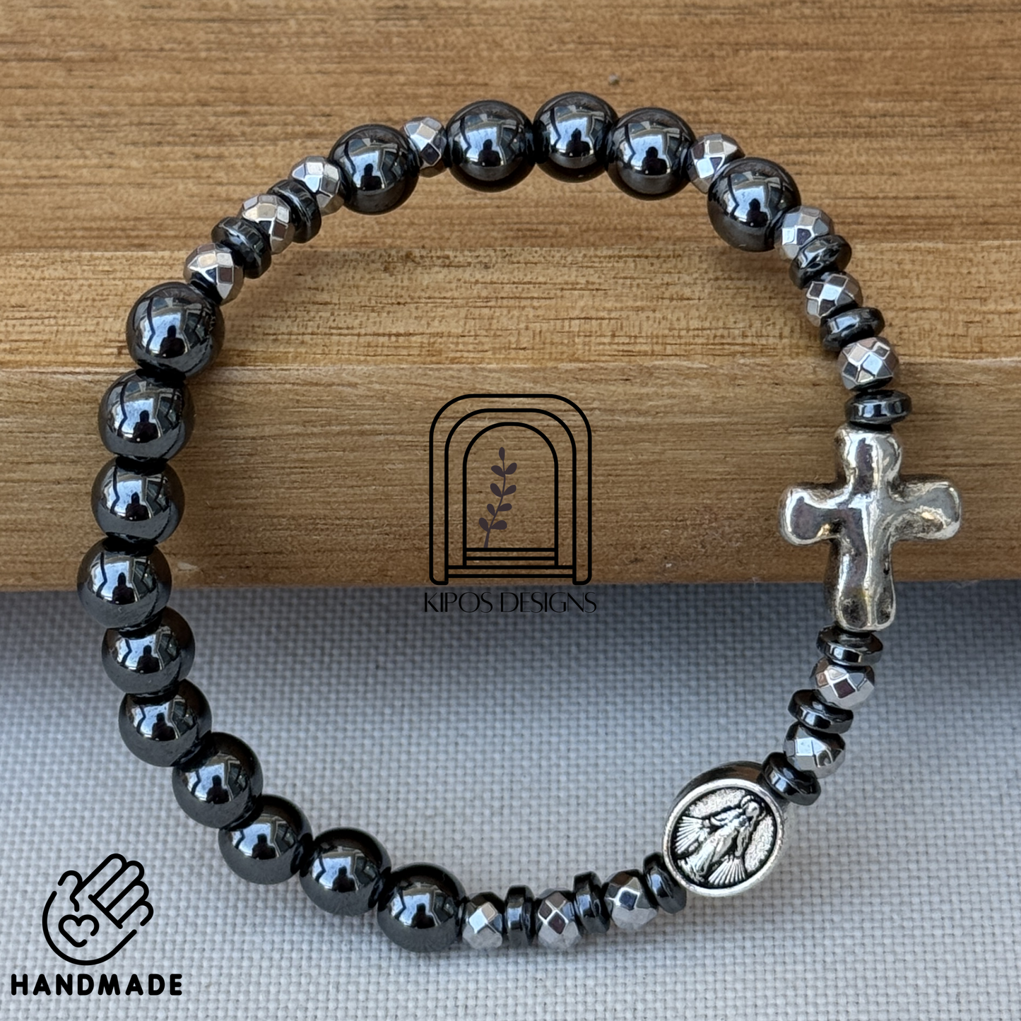 6mm Hematite Rosary Bracelet with Faceted Silver & Hematite Spacers | Customized Catholic Saint Medal