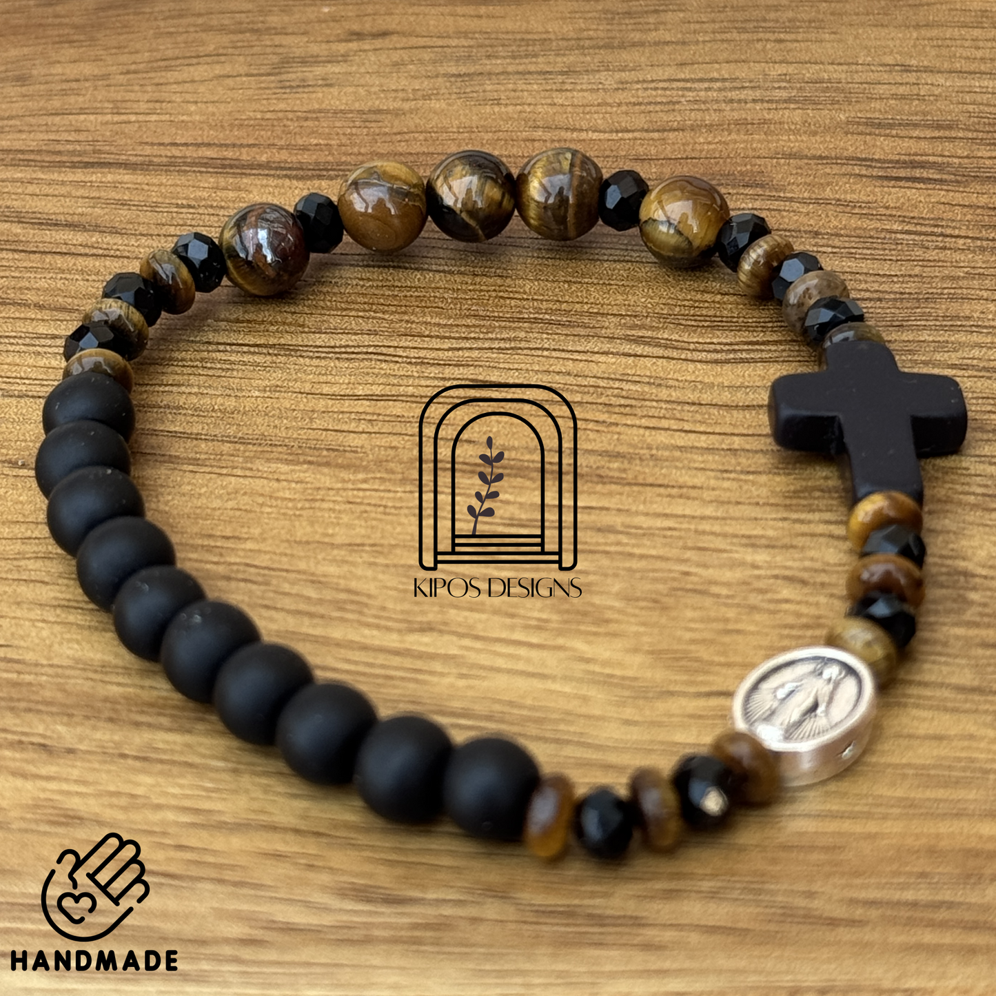 6mm Black Onyx Rosary Bracelet with Tiger Eye & Faceted Spacers | Customized Catholic Saint Medal