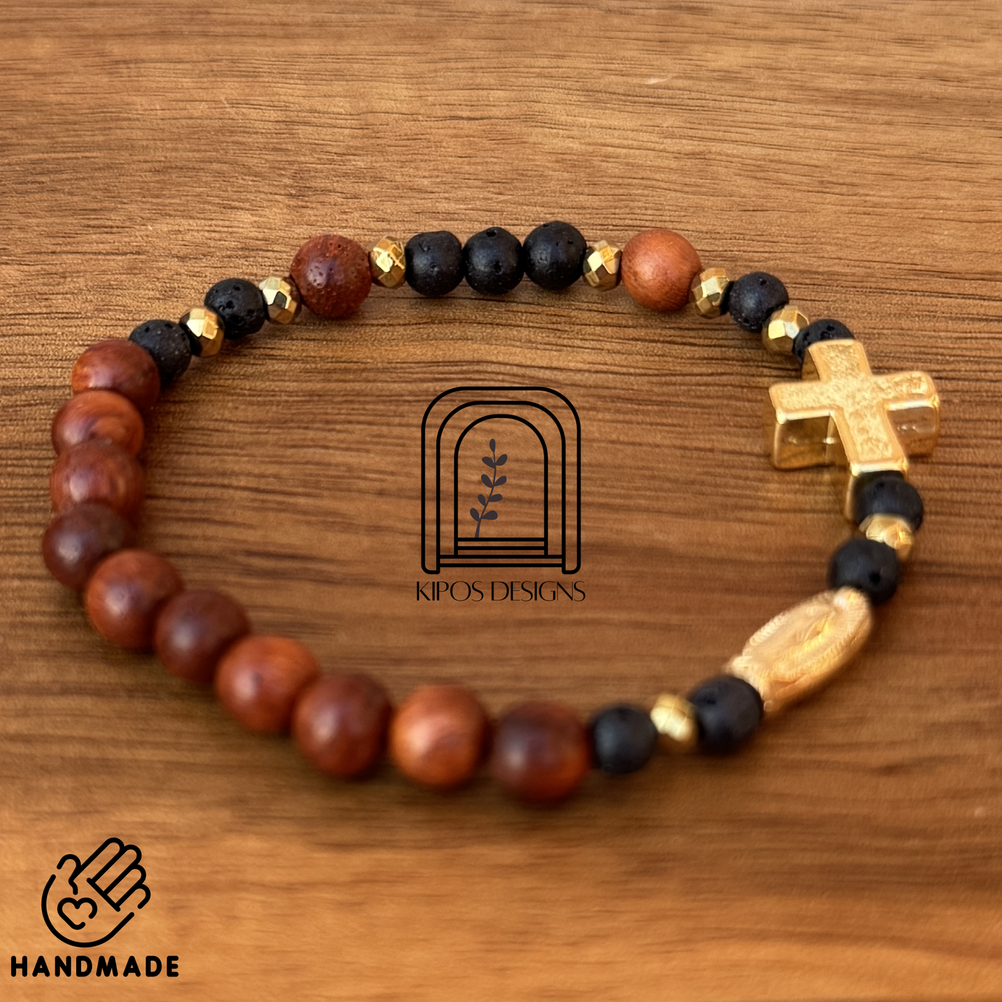 6mm Rosewood Rosary Bracelet with Black Obsidian and Gold accents | Customized Catholic Saint Medal