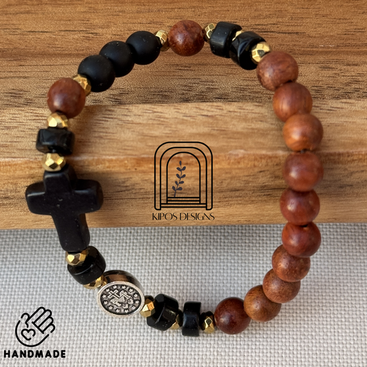 6mm Rosewood Rosary Bracelet with Black Onyx and Gold accents | Customized Catholic Saint Medal