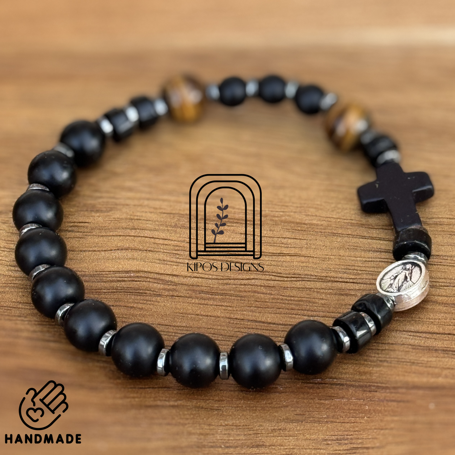 Black Onyx Rosary Bracelet with Tiger Eye & Hematite | Customized Catholic Saint Medal