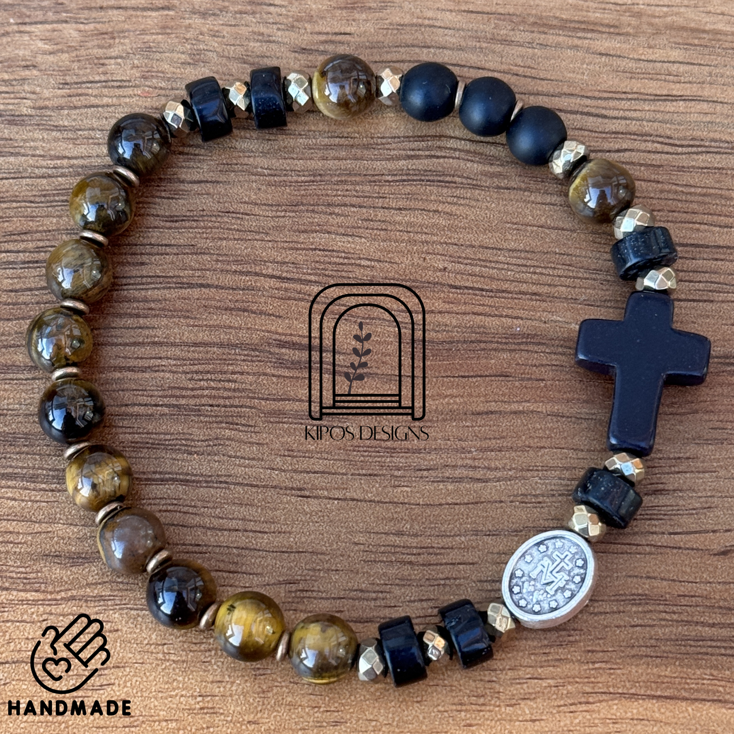 6mm Tiger Eye Rosary Bracelet with Black Onyx and Bronze accents | Customized Catholic Saint Medal