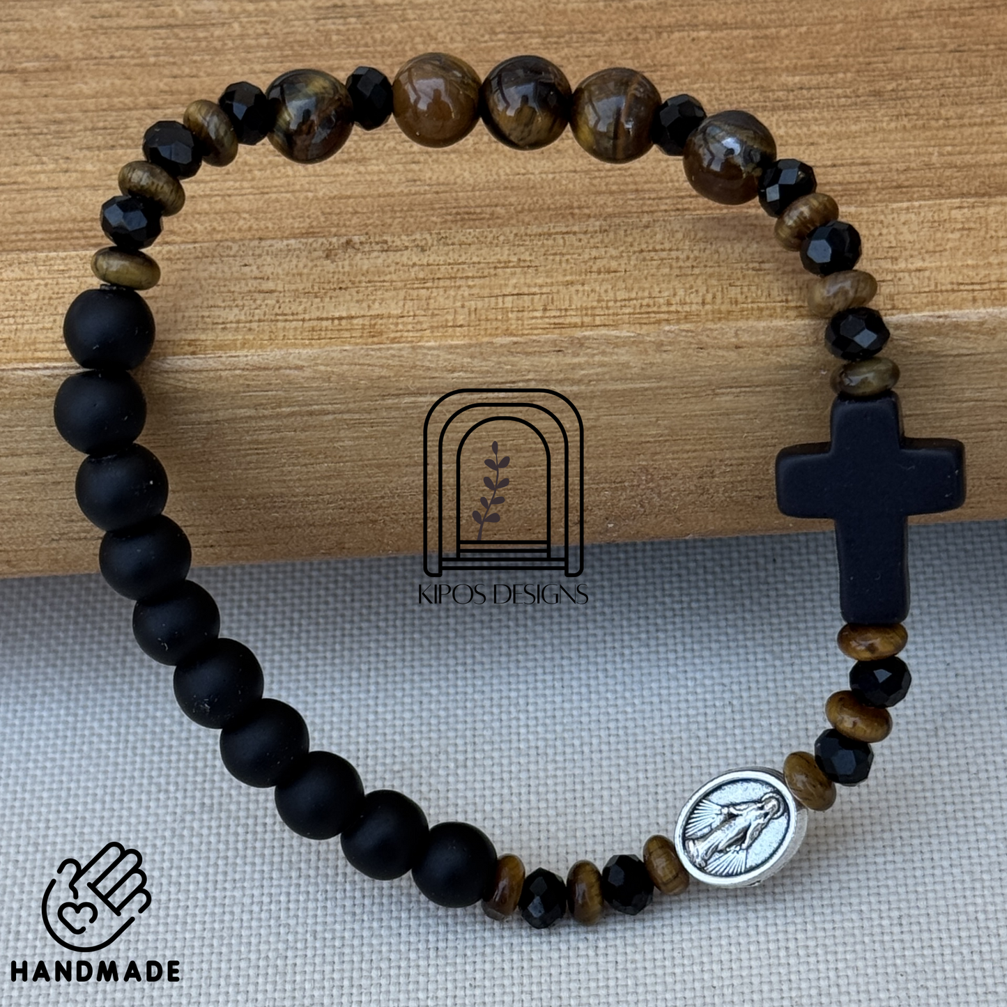 6mm Black Onyx Rosary Bracelet with Tiger Eye & Faceted Spacers | Customized Catholic Saint Medal