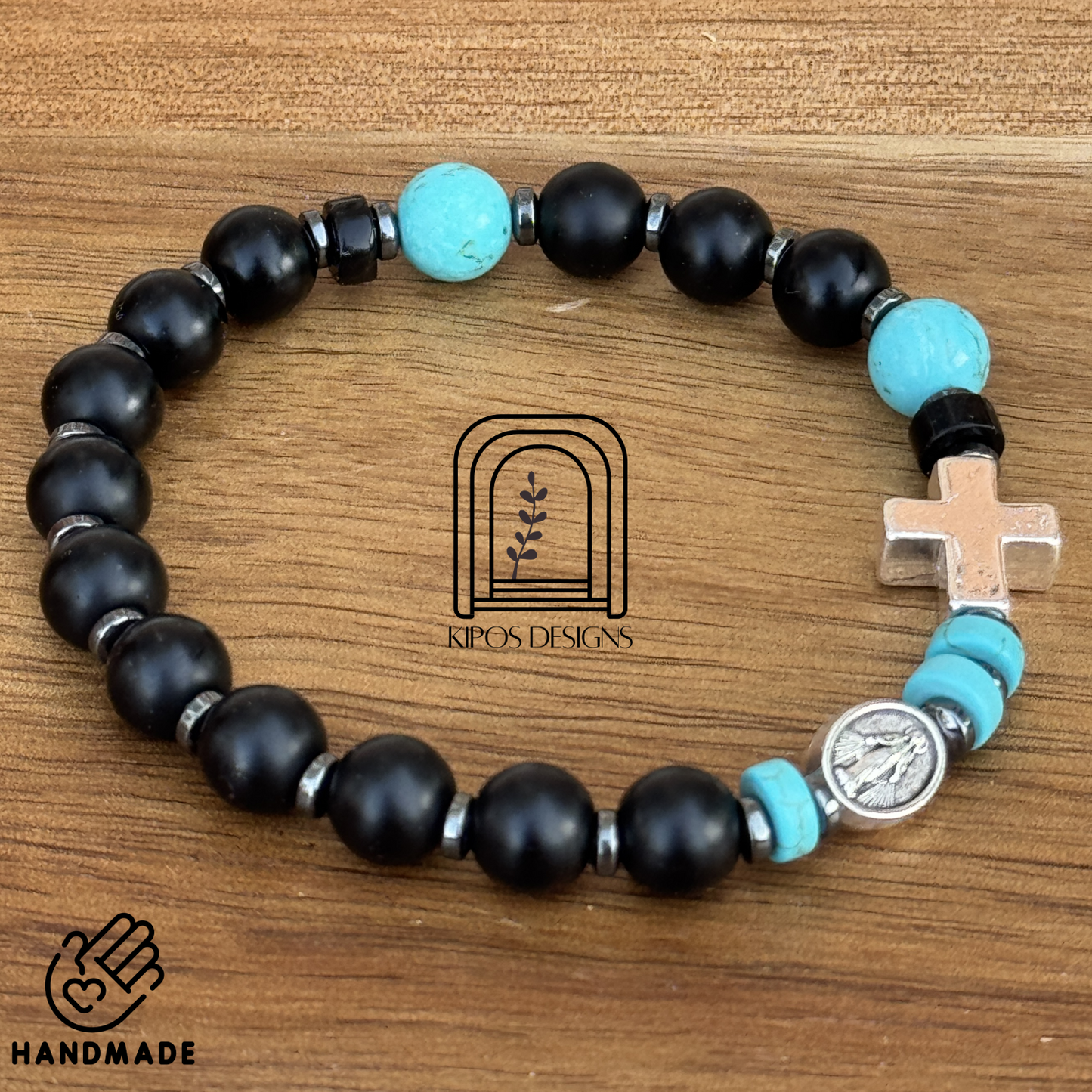 Black Onyx Rosary Bracelet with Turquoise & Hematite | Customized Catholic Saint Medal