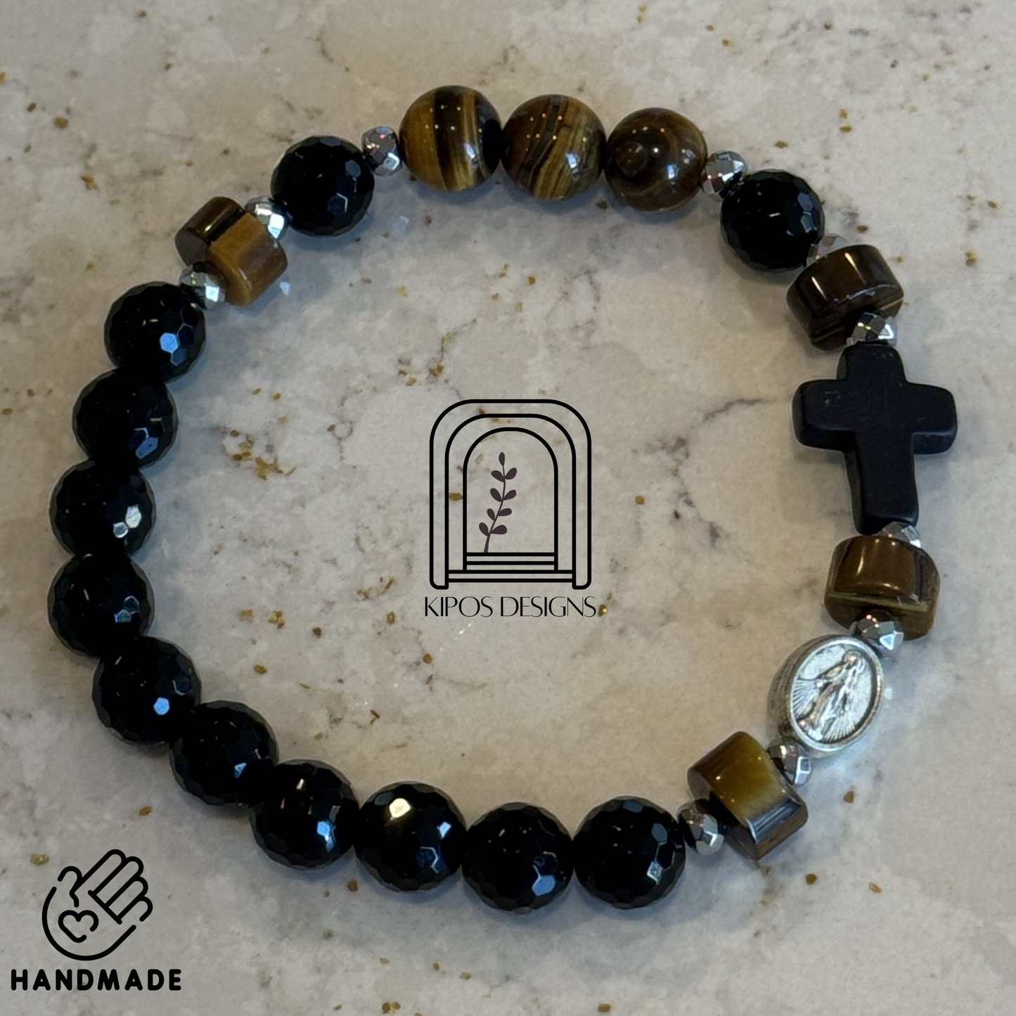 Tiger Eye Rosary Bracelet with Faceted Black Onyx & Silver | Customized Catholic Saint Medal