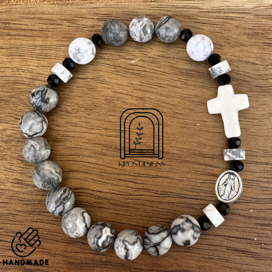Marbled Grey & White Jasper Bracelet with White Accents | Customized Catholic Saint Medal