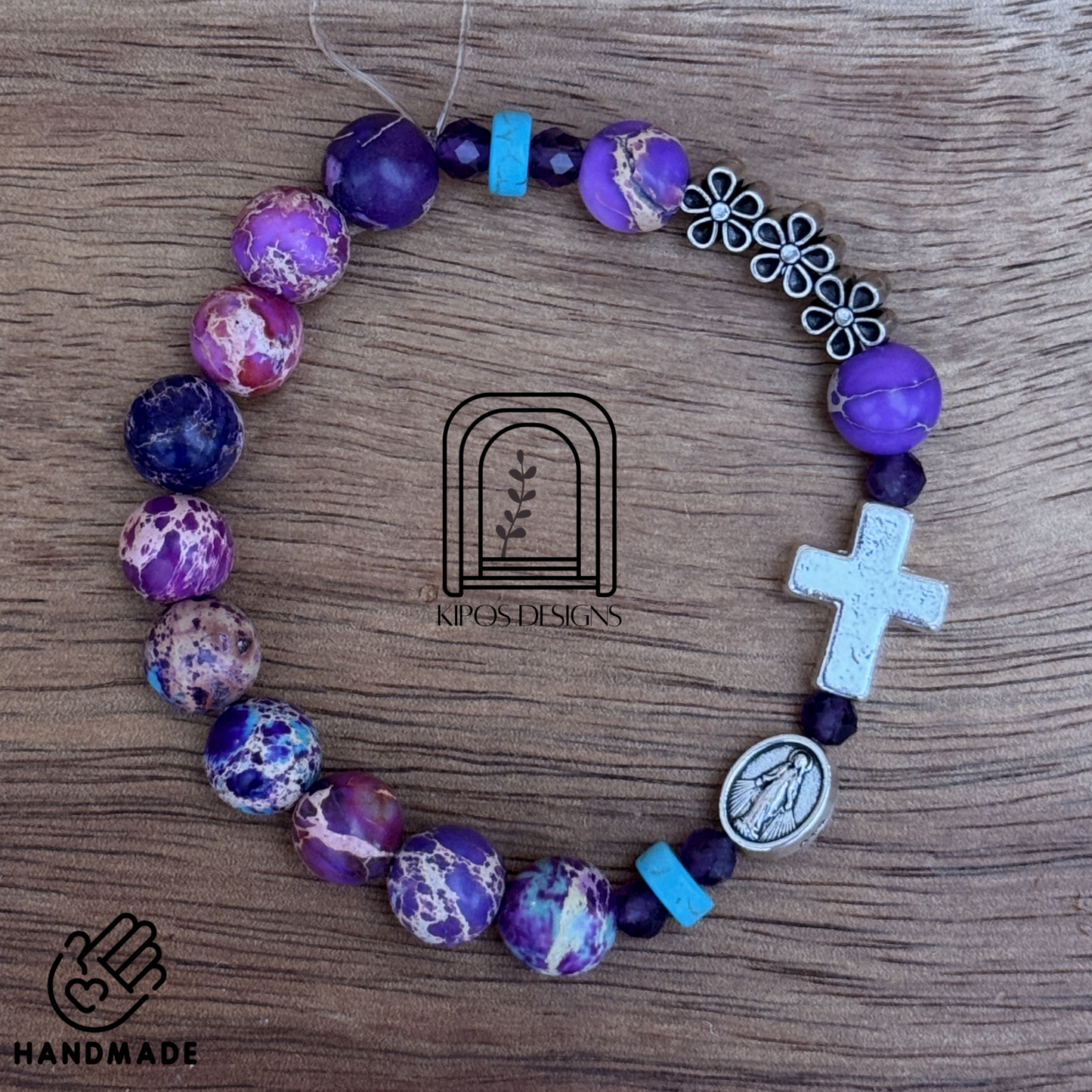 Galaxy Jasper Rosary Bracelet with Genuine Amethysts | Customized Catholic Saint Medal