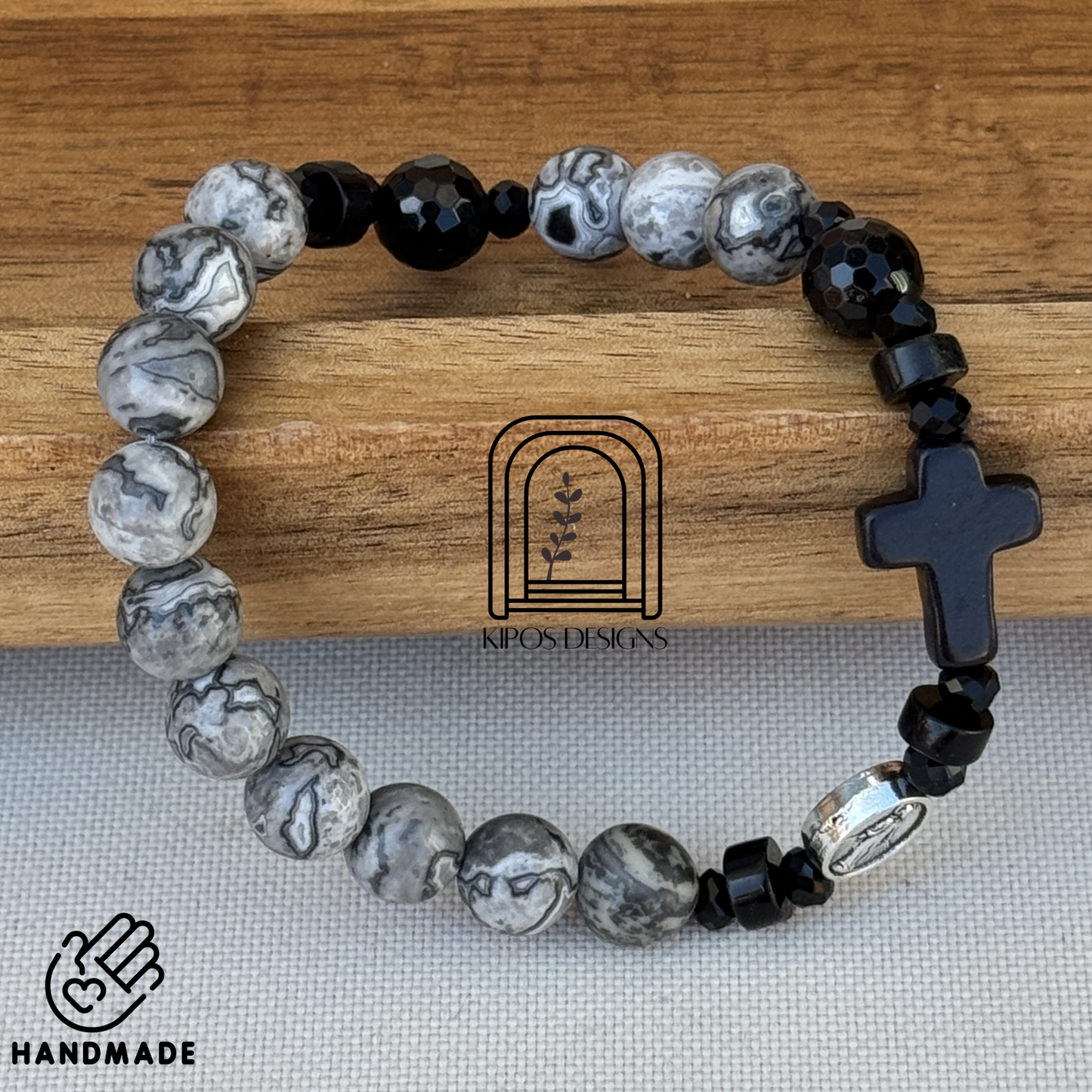 Marbled Grey & White Jasper Bracelet with Black Accents | Customized Catholic Saint Medal