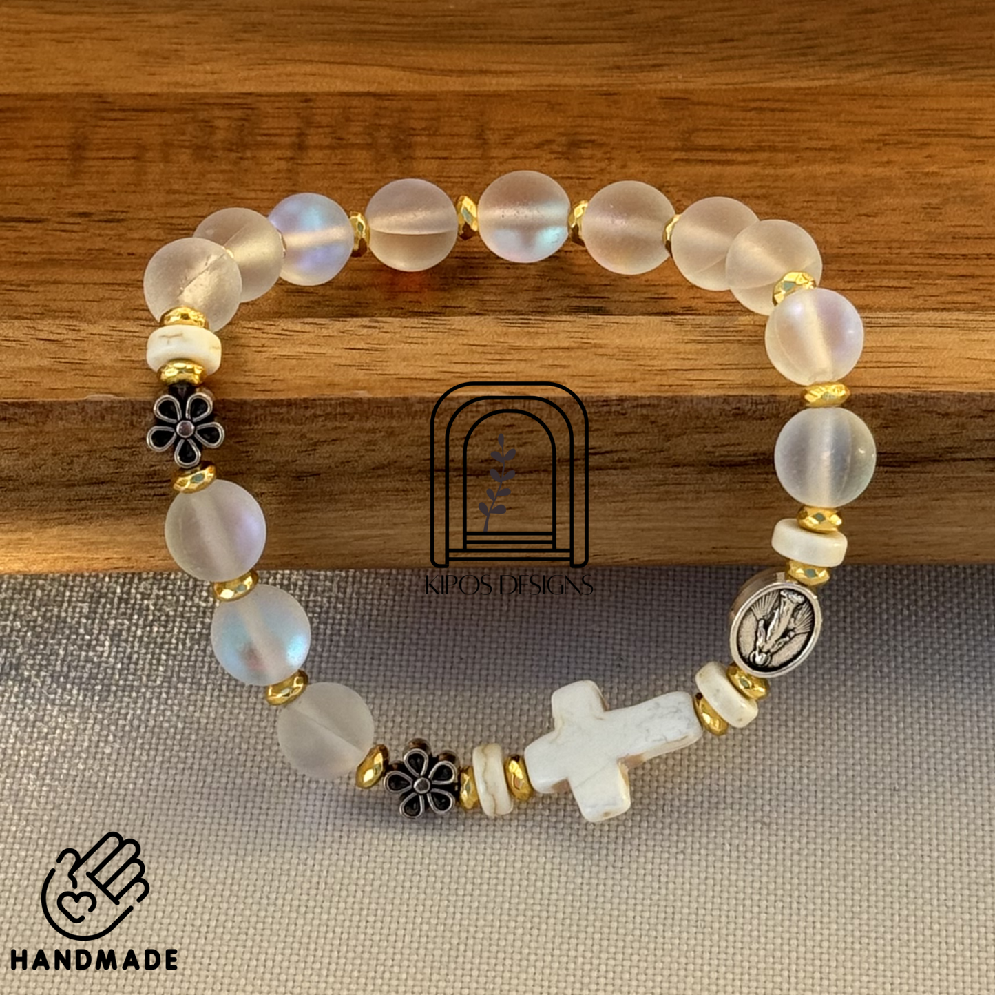 Rainbow Glass Opal Rosary Bracelet with Bright Gold & White Turquoise | Customized Catholic Saint Medal