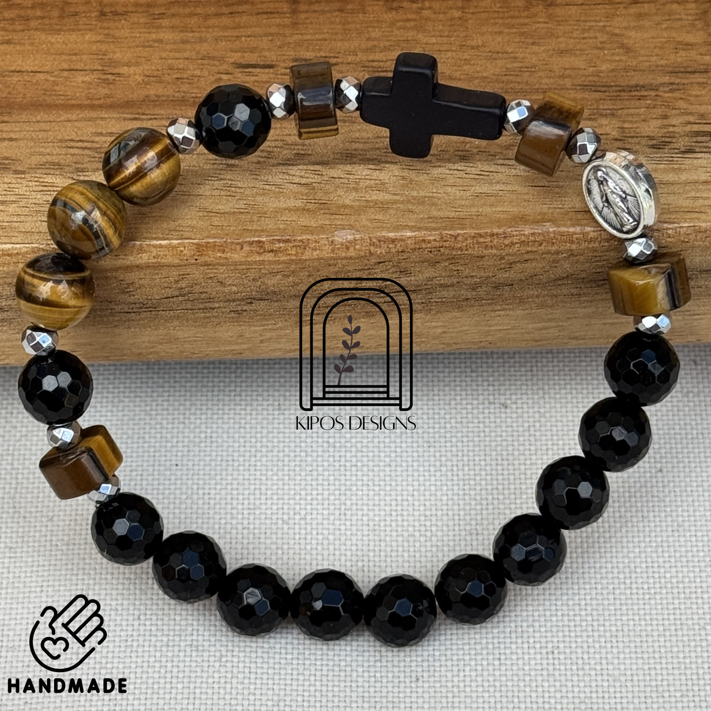 Tiger Eye Rosary Bracelet with Faceted Black Onyx & Silver | Customized Catholic Saint Medal
