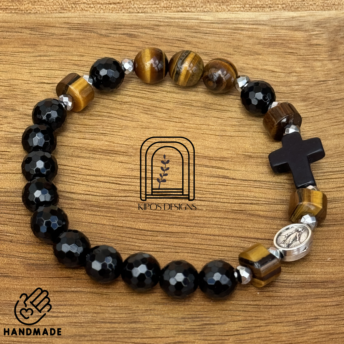 Tiger Eye Rosary Bracelet with Faceted Black Onyx & Silver | Customized Catholic Saint Medal