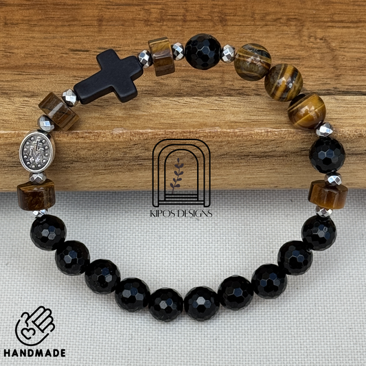 Tiger Eye Rosary Bracelet with Faceted Black Onyx & Silver | Customized Catholic Saint Medal