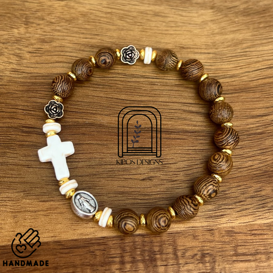 Natural Wood Rosary Bracelet with Gold, White & Bronze Accents | Customized Catholic Saint Medal