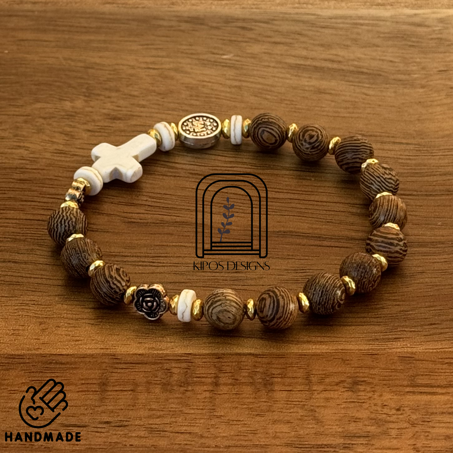 Natural Wood Rosary Bracelet with Gold, White & Bronze Accents | Customized Catholic Saint Medal